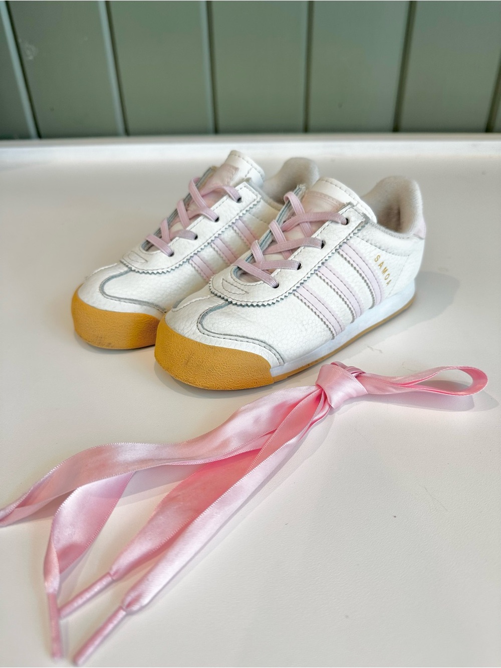 Girls Adidas Samoa Pink and White leather sneakers